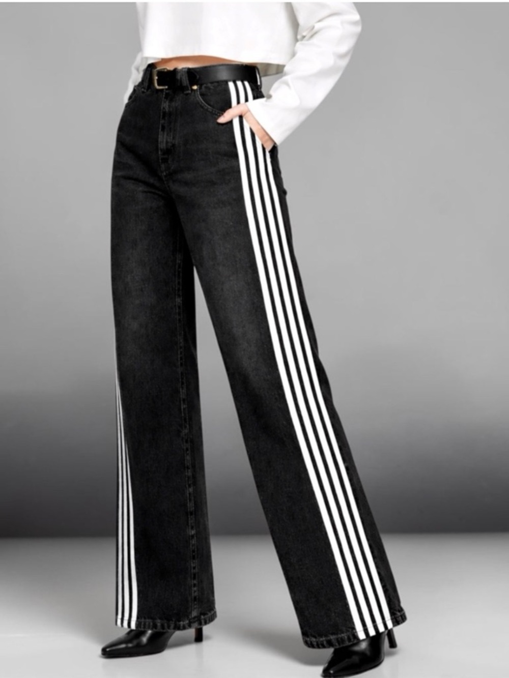 Crafted YNC Black Wide Leg Denim Jeans High Waist Side Stripes Y2K Streetwear